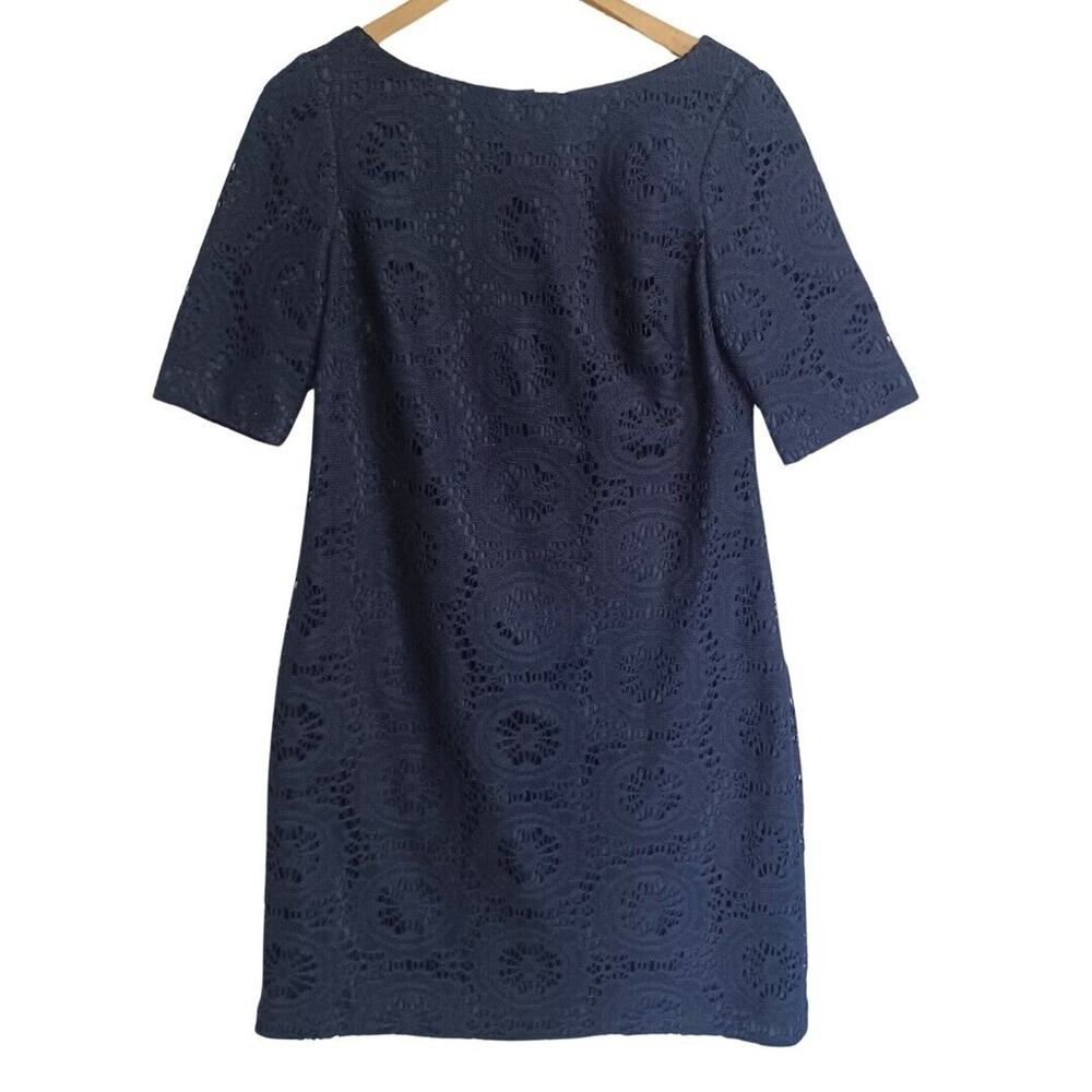 Adrianna Papell Dress Size 8 Navy Blue Lace Overlay Sheath Elbow Sleeves NEW